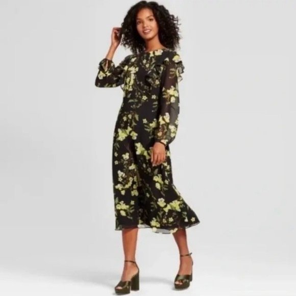 Who What Wear Dresses & Skirts - Who What Wear Sundress Midi Yellow Floral Pattern Long Sheer Sleeve Black Size M